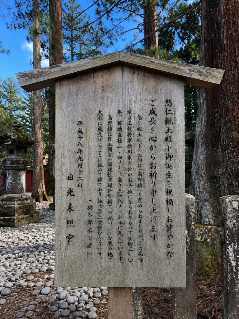 Weathered wooden signboard with vertical Japanese inscriptions in a forest shrine setting, blue sky and trees in the background.