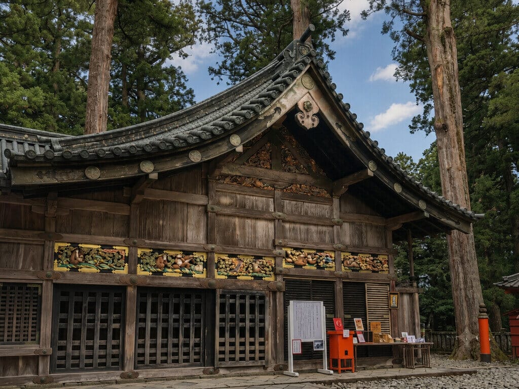 Traditional Japanese wooden shrine with a curved tiled roof, colorful relief carvings, and cedar trees in a forest setting.